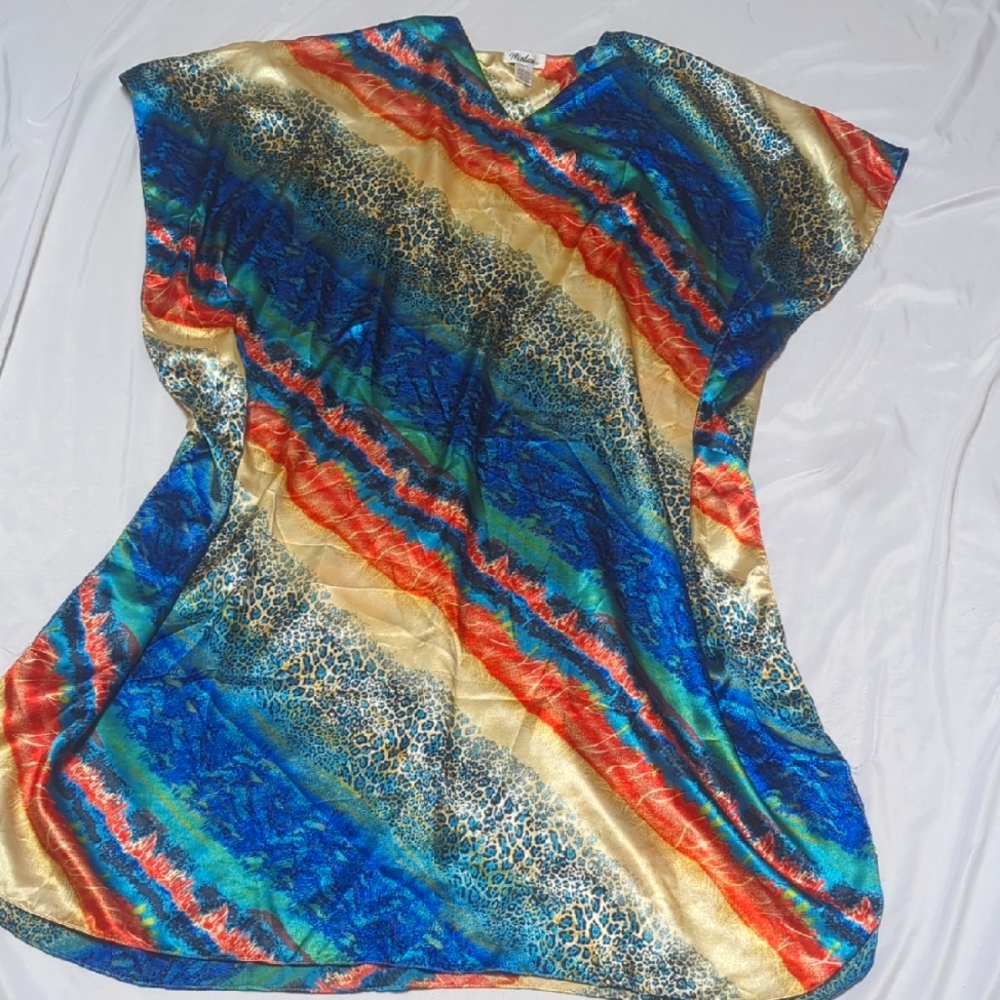Winlar Bold Rainbow Leopard & Snake Print Satin Caftan Dress Muumuu One Size